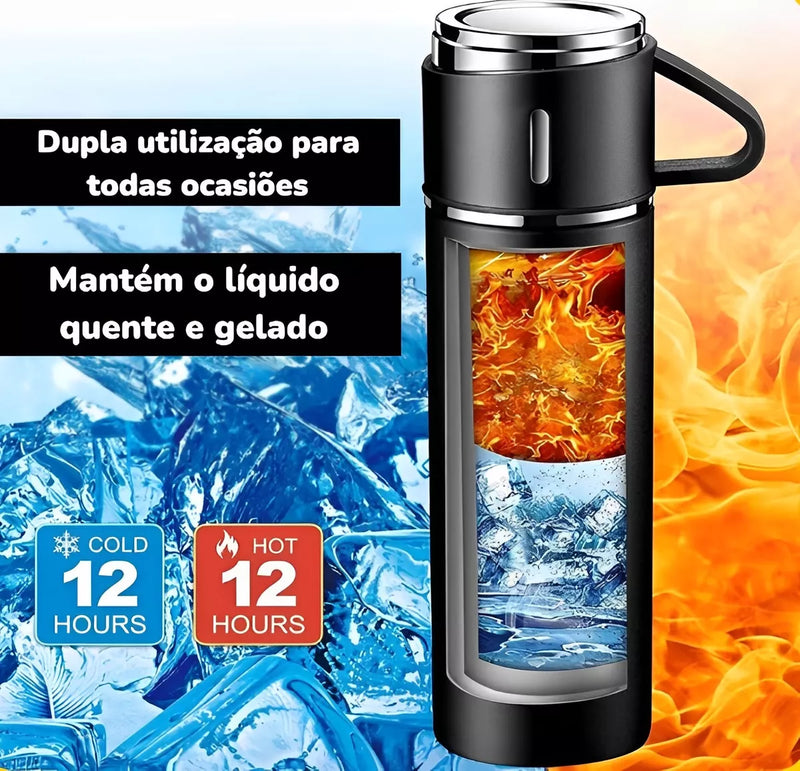 Kit Garrafa Térmica Inox 500ml Com 3 Xícaras - FRETE GRÁTIS