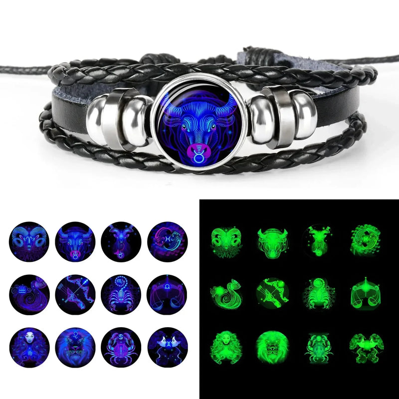 Pulseiras de Sinal do Zodíaco para Homens e Mulheres, 12 Constelações, Pulseira de Couro Vintage, Pulseira Luminosa