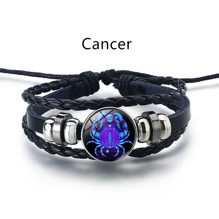 Pulseiras de Sinal do Zodíaco para Homens e Mulheres, 12 Constelações, Pulseira de Couro Vintage, Pulseira Luminosa